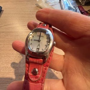 VINTAGE FOSSIL WATCH, 70s RETRO BAND , pink croc leather band, needs battery